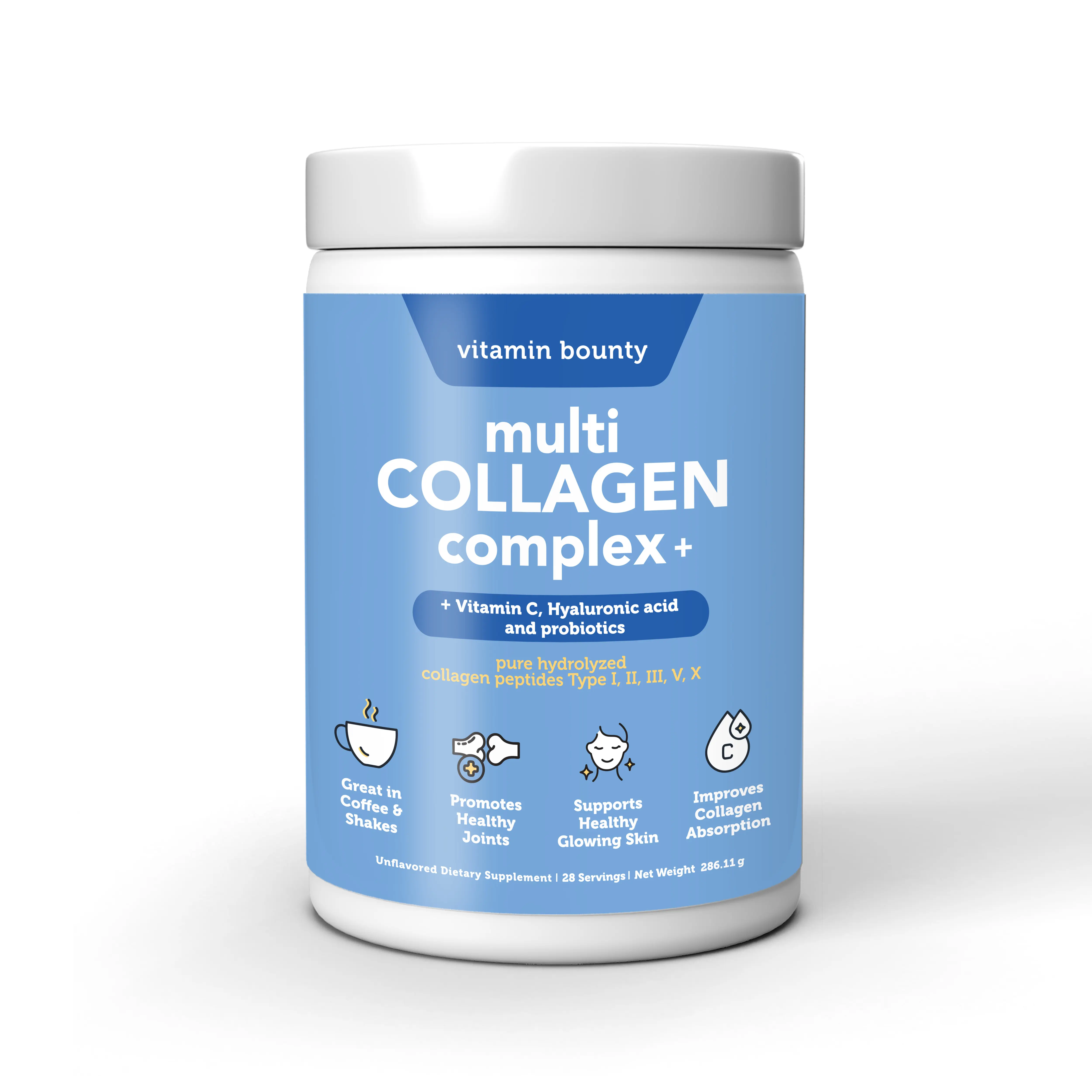Vitamin Bounty Multi Collagen Complex+ Hidrolizado 5 en 1 con Peptidos Puros | Formula Antiedad con Acido Hialuronico, Vitamina C y Probioticos para Maxima Absorcion y Regeneracion de Colageno para mujeres | Sin Sabor Ni olor - Usalo en Bebidas y Comidas