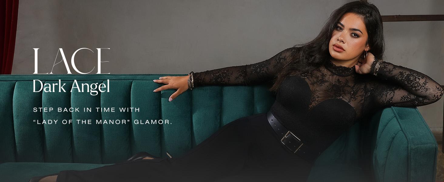 ​​Popilush Deep V-Neck Long Sleeve Bodysuit - Sheer Lace Turtleneck with Built-in Bra & Tummy Control​ Casual Womenswear-LIVE Everyday Breathable