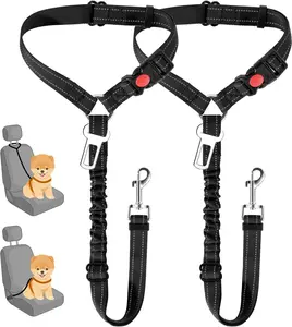 2Pcs Dog Seat Belt Harness for Car, 3 in 1 Pet Dog Car Seatbelt Leash, Retractable Restraint Secures to Vehicle Headrest & Adjustable Reflective Bungee Dog Seatbelt Tether, Blue Black and  Pink