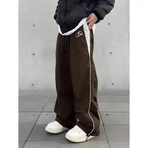 Men Color Block Patchwork Letter Printing Drawstring Pants, Men's Baggy Sweatpants, Men's Wide Leg Sweatpants, Brown Track Pants Men