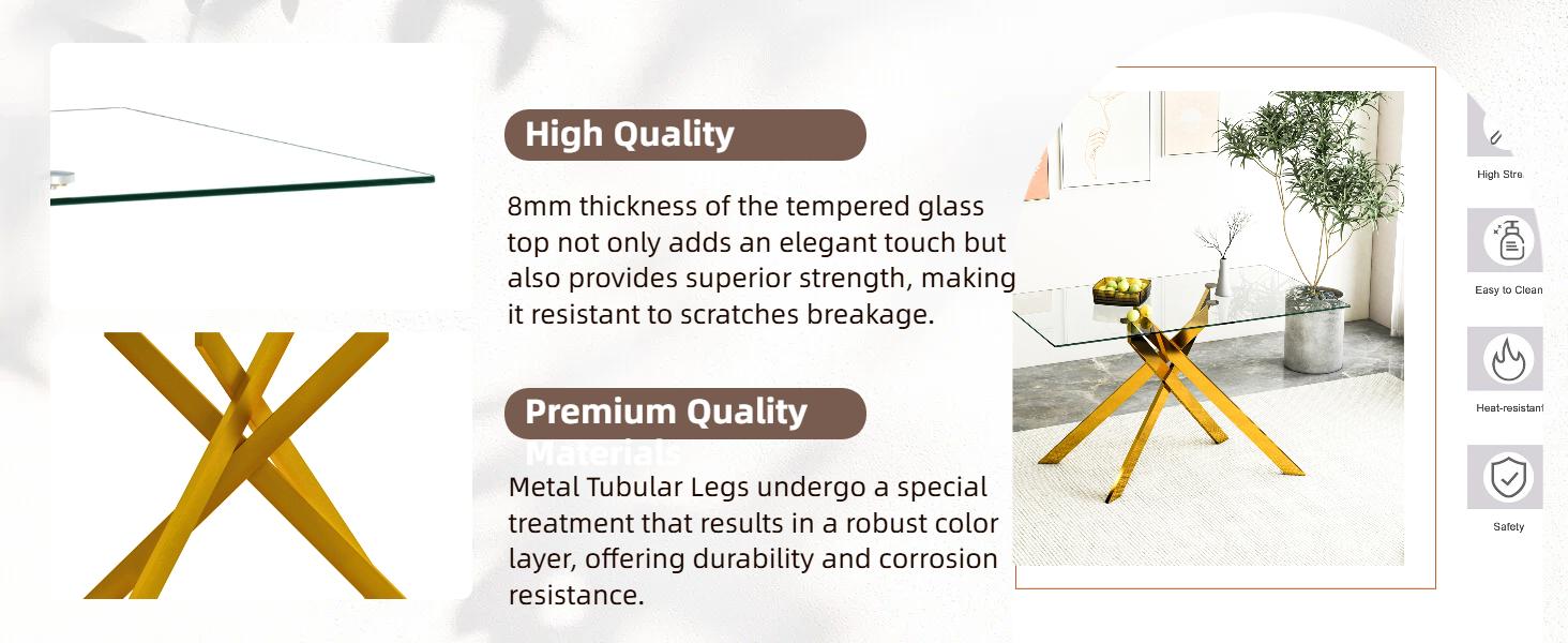 51.18" Rectangular Clear Tempered Glass Dining Table,Stylish Design with Silver Metal Tubular Legs, Dining Table for Dining Room（Only Table）