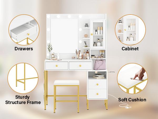【Valentine's Day gift】Makeup Vanity Mirror with Light, Large Women Vanity Desk with Touch Screen Mirror Lights & Power Outlet, 4 Cabinet, 2 Shelves & 5 Drawers for Bedroom,[Gift Idea]