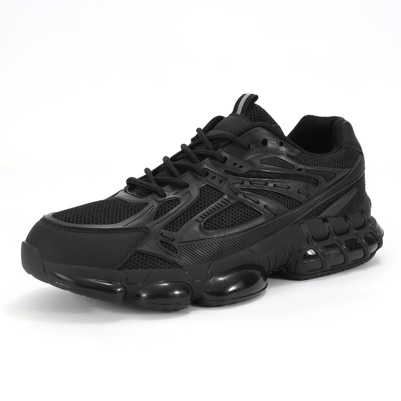 All Black Chunky Sneakers - Retro Tech-Style Cushioned Athletic Shoes, Unisex Streetwear Essential with Breathable Mesh & Bold Design