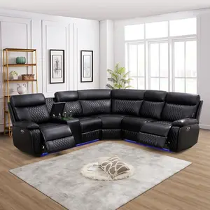 Electric recliner sofa set, PU leather sectional sofa with LED lights and corduroy sectional sofa with LED lights, living room furniture set, modern electric recliner sofa with storage console, suitable for living room, home office
