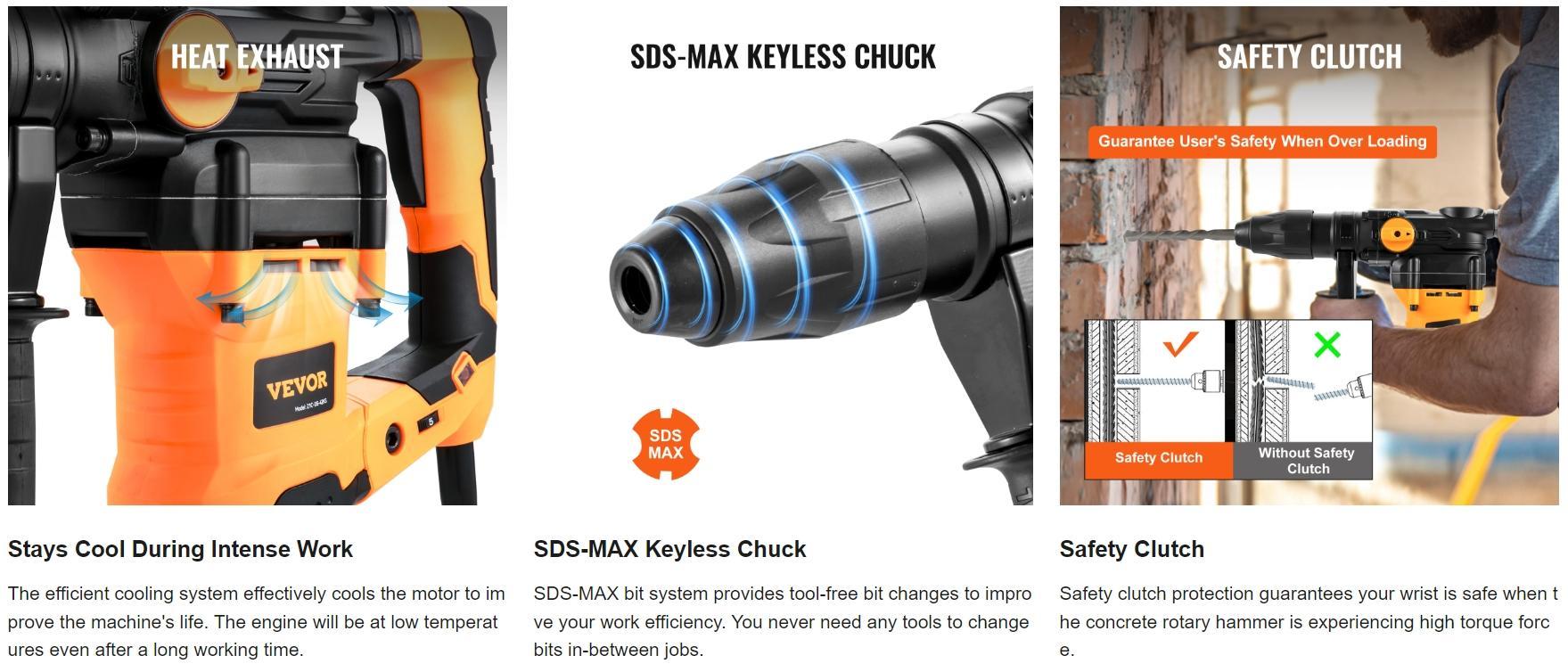 VEVOR Rotary Hammer Drill Corded Drills 1-9/16" 3 Modes SDS-MAX Chipping Hammers VEVOR Rotary Hammer Drill Corded Drills 1-9/16" 3 Modes SDS-MAX Chipping Hammers