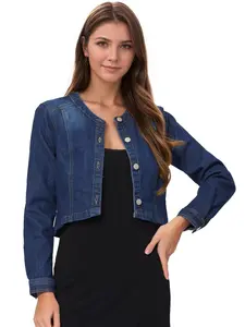 INSPIRE CHIC Denim Jacket Collarless Button Down Crop Jean Jackets