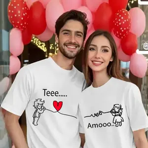 1pc Romantic Couple Matching T-Shirt| Casual Round Neck Short Sleeve, Elastic, Machine Washable, Perfect for Valentine'S Day, Available in Multiple Colors, Valentine'S Day T-Shirt Holiday Gift