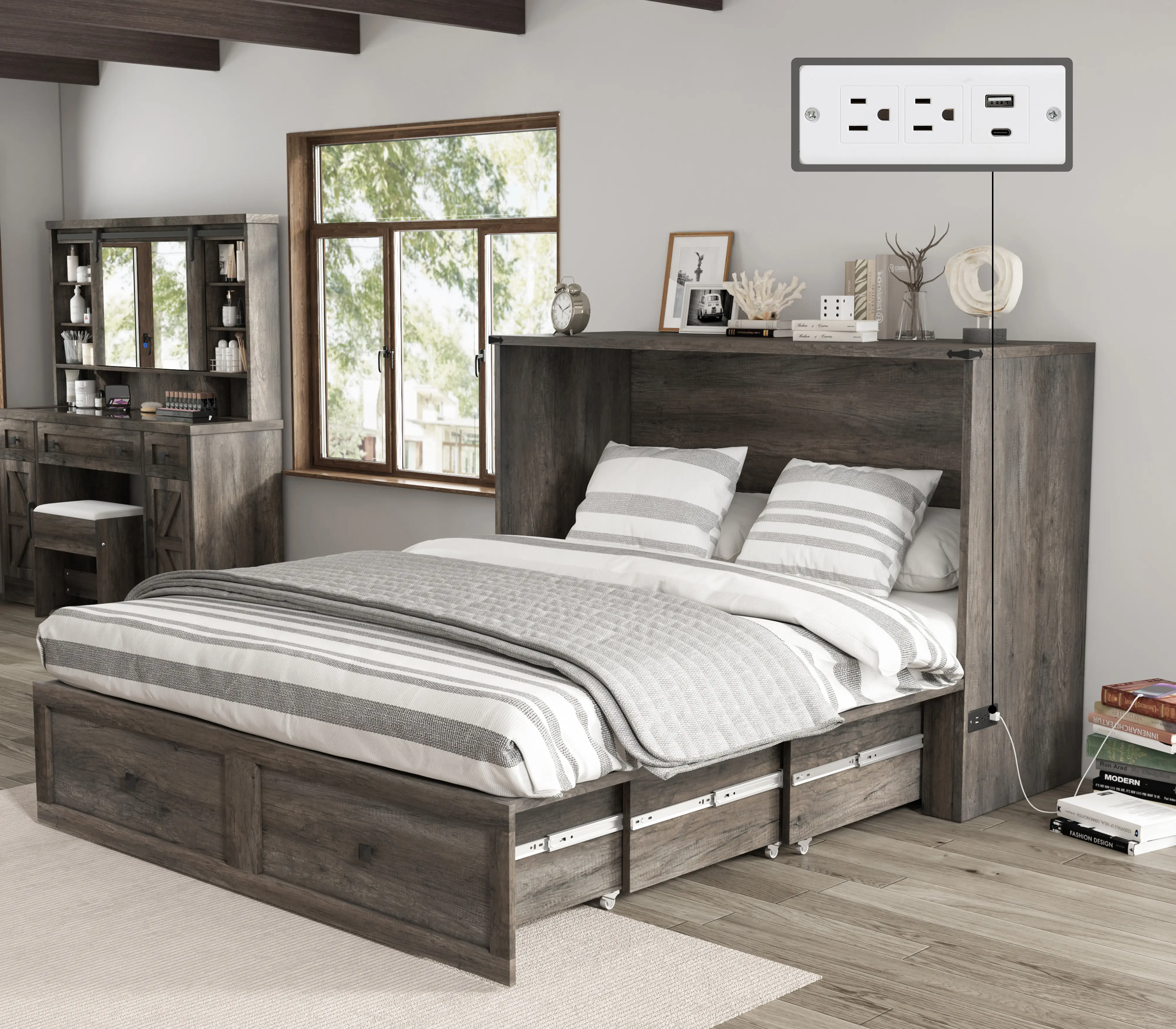 【Ships in 2 Boxes】[TiktokShopStockUp] ALBOTT Murphy Cabinet Bed - Wood & Metal Farmhouse Hideaway Bed with Storage Drawers, Charging Station, Foldable Platform, Noiseless Design for Guest Room, Farmhouse Home Decor