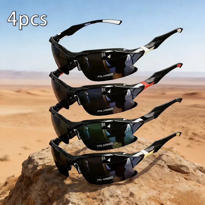 4-Pack Polarized Sports Sunglasses for Men Women, Rimless UV400 Shades, Lightweight Anti-Glare Windproof Sun Glasses, Trendy Unisex Eyewear for Running Fishing Golf Driving Cycling Hiking & Outdoor Activities, All-Day Comfort Fit bikesunglasses