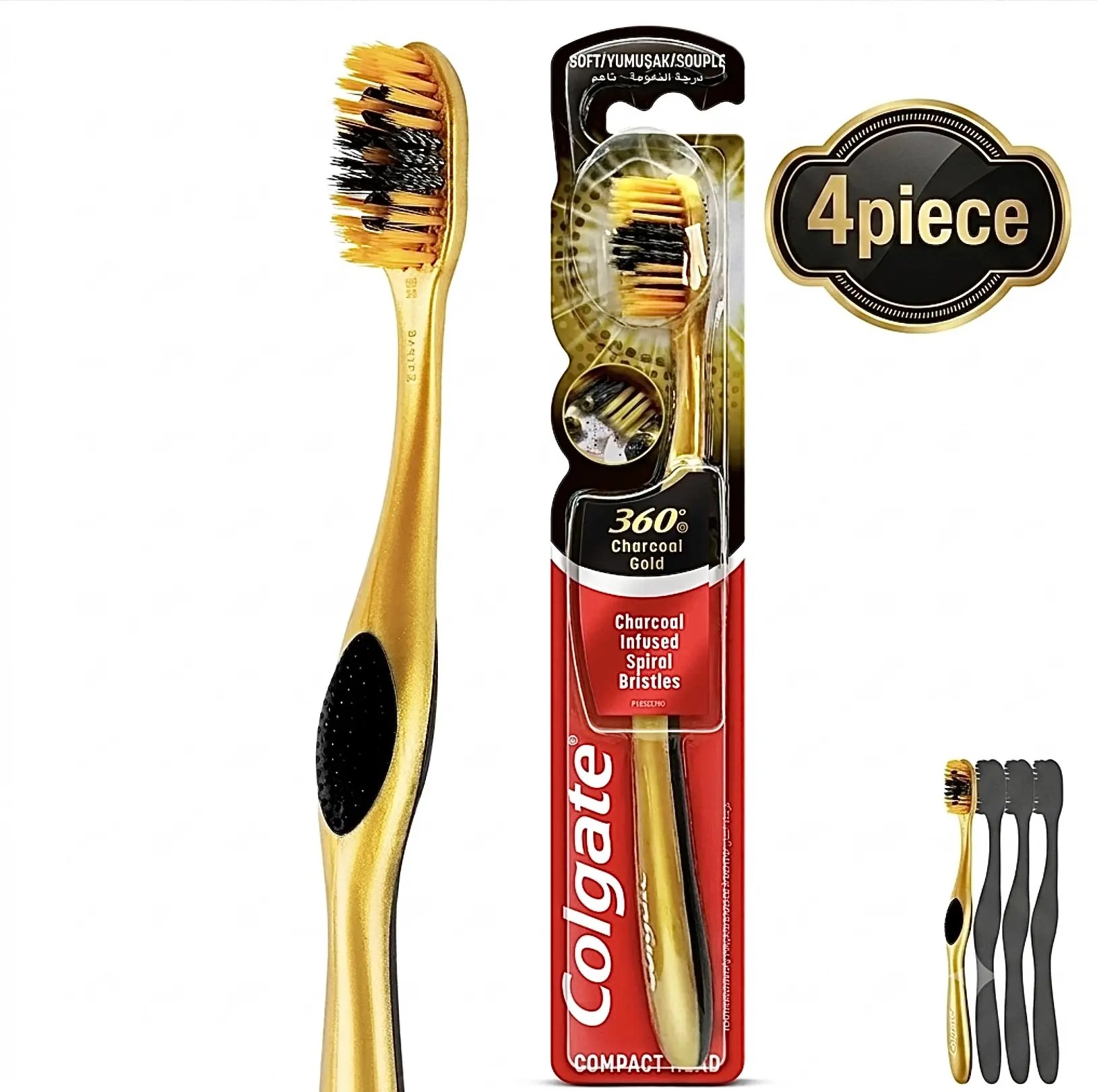 COLGATE 360 Degree Charcoal Soft Toothbrush 100g Gold 4 Piece. Activated charcoal