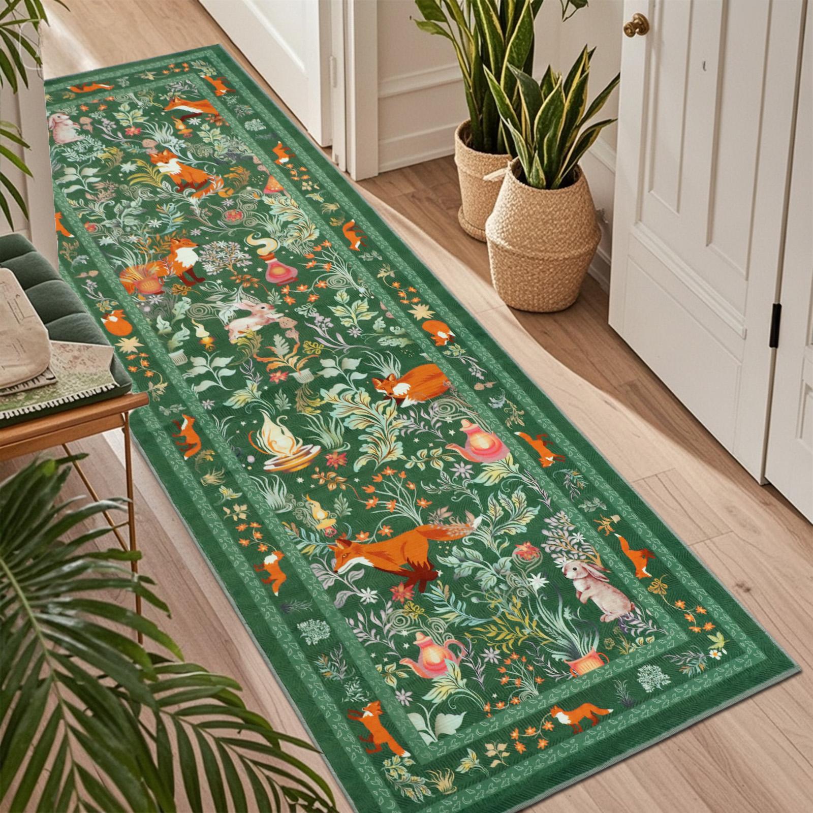 [Restock Up Sale]Geanup Fantasy Fox Animal Runner Rugs for Hallway, Non Slip Botanical Kitchen Rug, Soft Thin Jungle Fox Bedside Runners, Cute Mushroom Accent Floor Carpet for Bedroom Hall Bathroom Laundry
