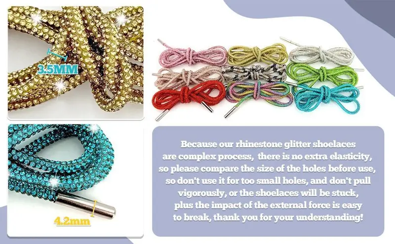 Glitter Shoelaces - 47in 0.35cm Round Tip Colorful Rhinestone Shoe Accessories, Exquisite Craftsmanship Handmade DIY Shoelaces for Sneakers & Hoodie Drawcord, Do Not Wash