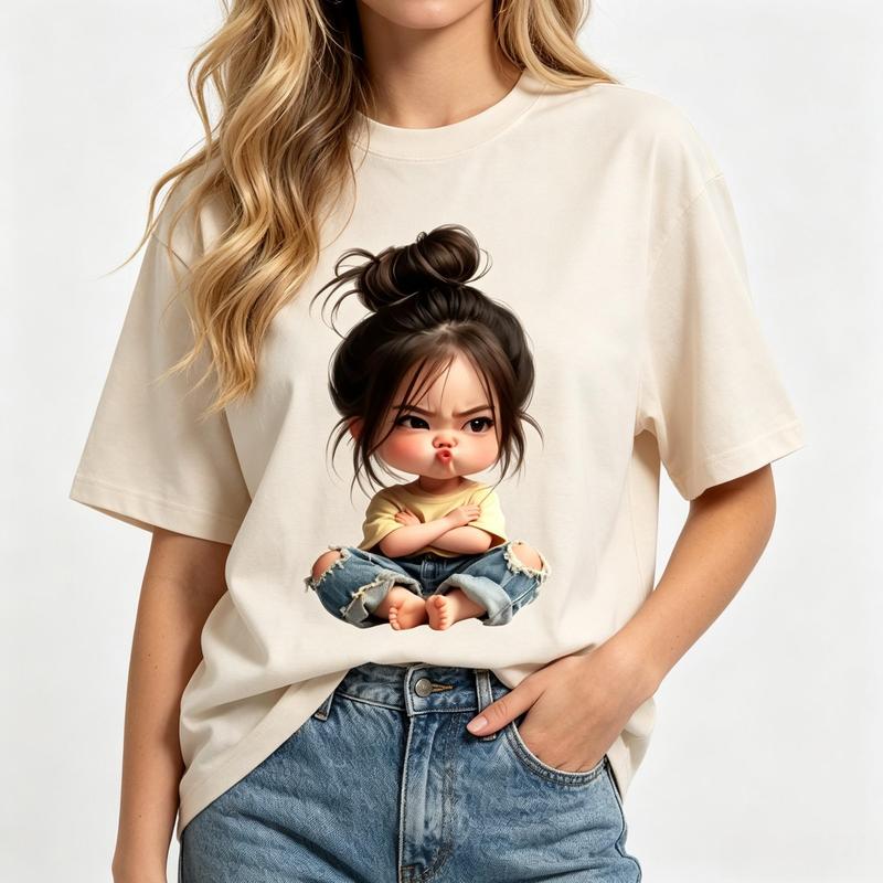 Women's Cream Oversized Short Sleeve Graphic T-Shirt - Cute Cartoon Girl (Messy Bun, Crossed Arms, Angry Pout) Print, Soft Fabric, Casual Kawaii Y2K Aesthetic Streetwear Tee for Lady Summer Beach Outfits