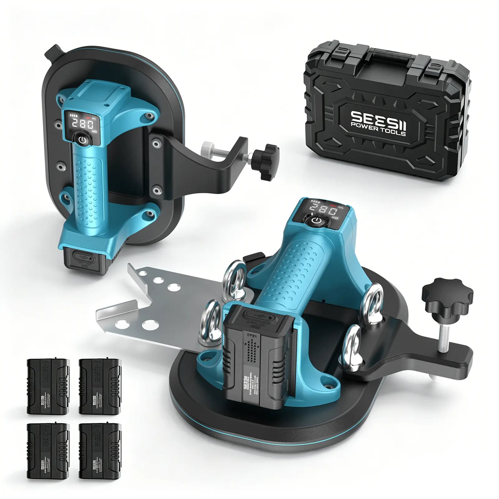 SEESII 4-in-1 Electric Suction Cup Tool for Tile Lifting & Leveling, 10-in Large Glass Vacuum Lifter with 280KG/617LBS Max Load, Drill & Seam Function, 4x 3000mAh Batteries, Digital Display