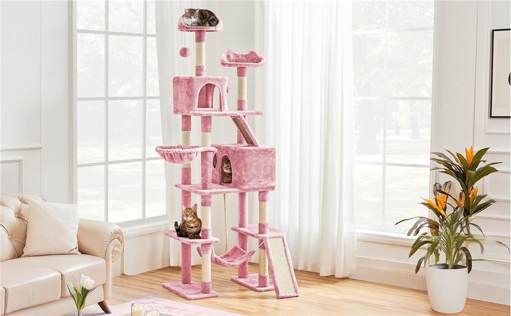【On Sale】Yaheetech 82.5in Modern Cat Tree Large Tower w/Hammock 2 Kitty-Ear Perches 2 Cozy Condos Scratching Posts Basket Furniture for Large Cats Kittens Dark Gray Beige Light Gray Black Pink