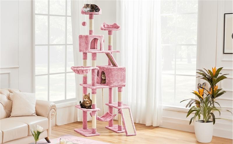 【Valentine Gift】Yaheetech 82.5in Modern Cat Tree Large Tower w/Hammock 2 Kitty-Ear Perches 2 Cozy Condos Scratching Posts Basket Furniture for Large Cats Kittens Dark Gray Beige Light Gray Black Pink