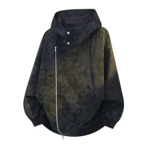 Trendy loose-fit black leather jacket for men with a hood and zip closure, featuring an embossed texture; new for spring and autumn, a stylish top; retro tie-dye design leather jacket; unisex long-sleeve zip-up jacket suitable for everyday wear.
