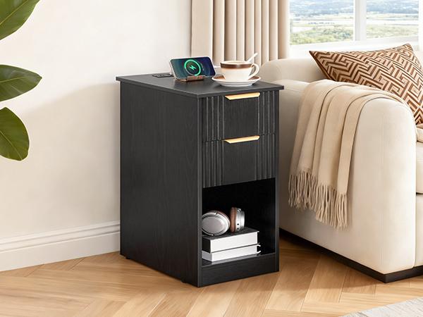 HOOBRO Narrow End Table, Fluted Nightstand with 2 Drawers and Open Shelf, Built-in Charging Station, Modern Bedside Table for Small Spaces, Bedroom, Living Room, Black and Gold