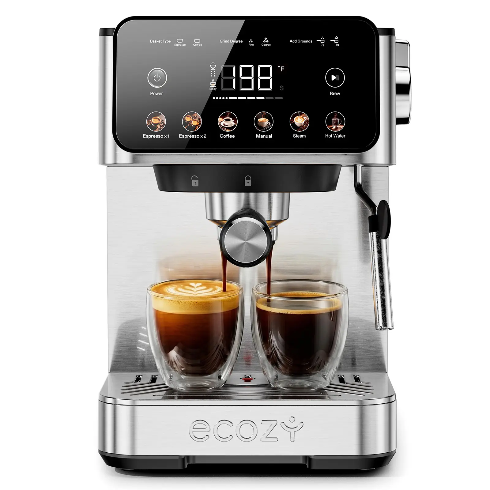ecozy 2-in-1 Espresso Machine 20 Bar, Espresso & Coffee Maker Combo with Steam Milk Frother, Interactive Touch Screen, 51 oz Removable Tank for Lattes, Americanos & Cappuccinos - Stainless Steel Father's Day Gift