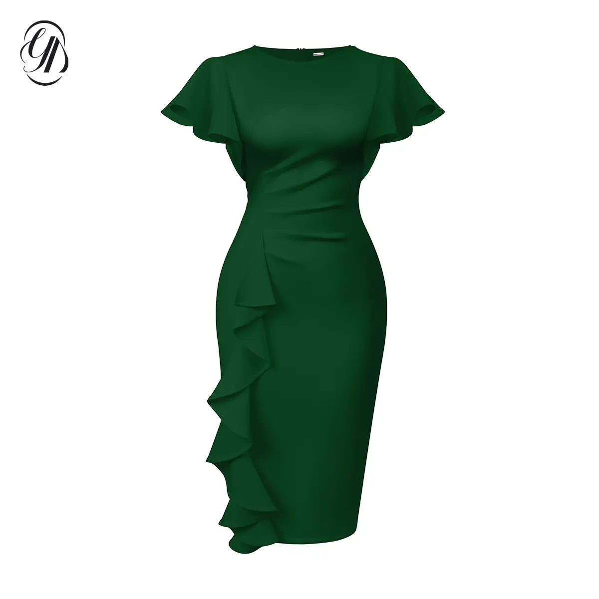 OYV Women's Vintage Elegant Church Ruffle Sleeve Ruched Bodycon Work Midi Pencil Dress