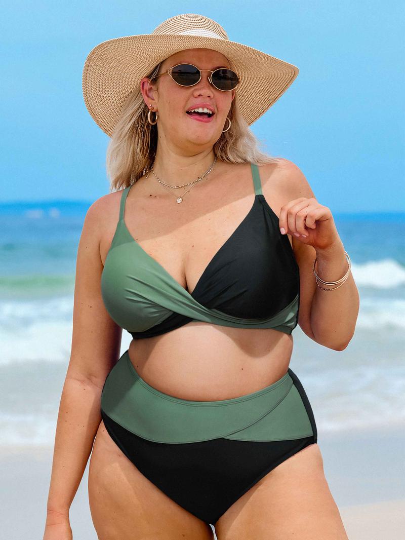 CUPSHE 【Valentine's Day】 High Waisted Bikini Sets for Women 2026: Tummy Control Two Piece Swimsuit with Twist Front V Neck & Adjustable Straps, Size Inclusive XS XXXL Floral Bathing Suits