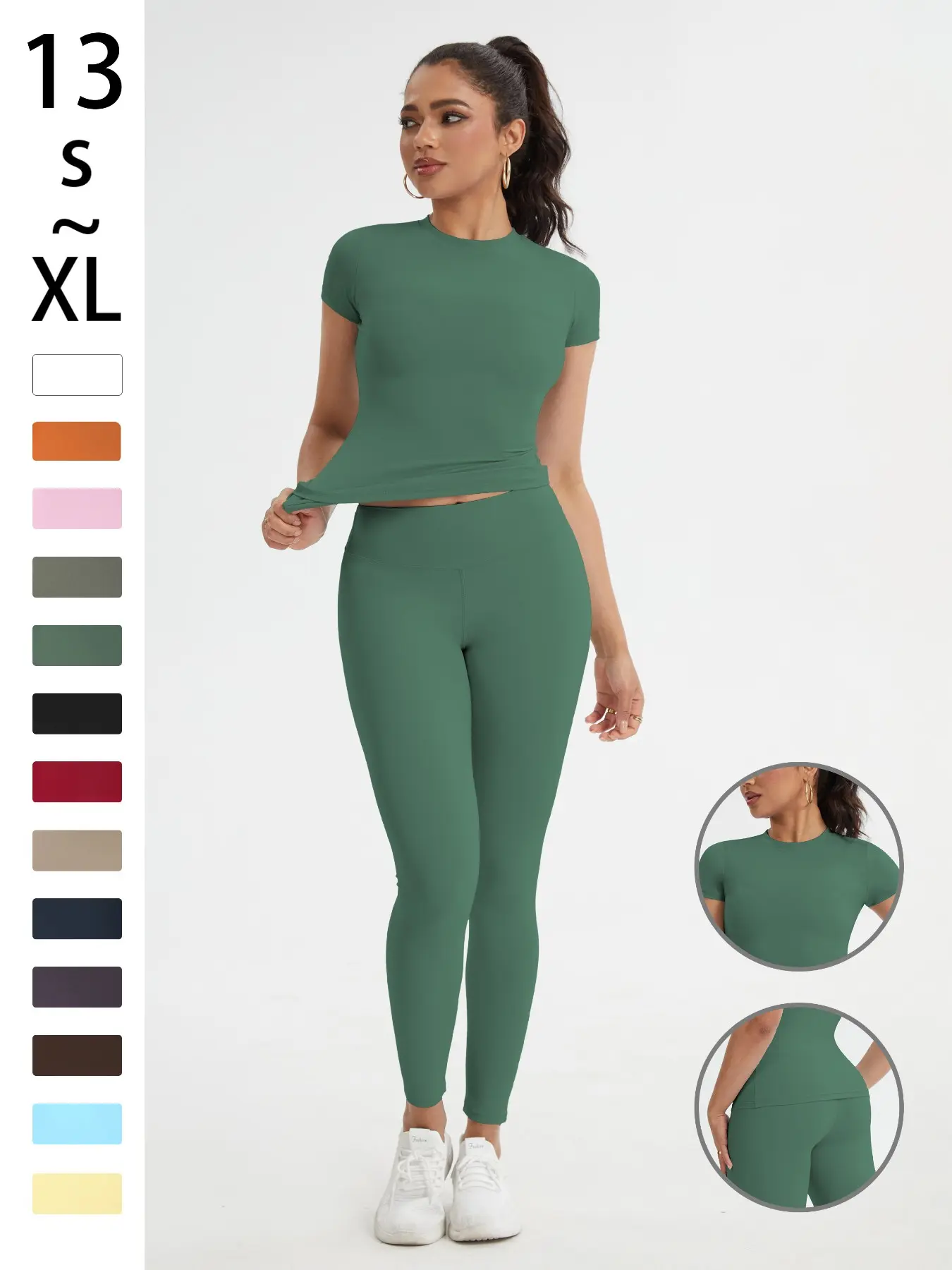 Women's Sportswear Set, high stretch activewear, Gym Workout Sets, Slim-Fit Round Neck Short Sleeves & High-Waisted Yoga Pants, Ideal for Gym Running Outdoor Activities