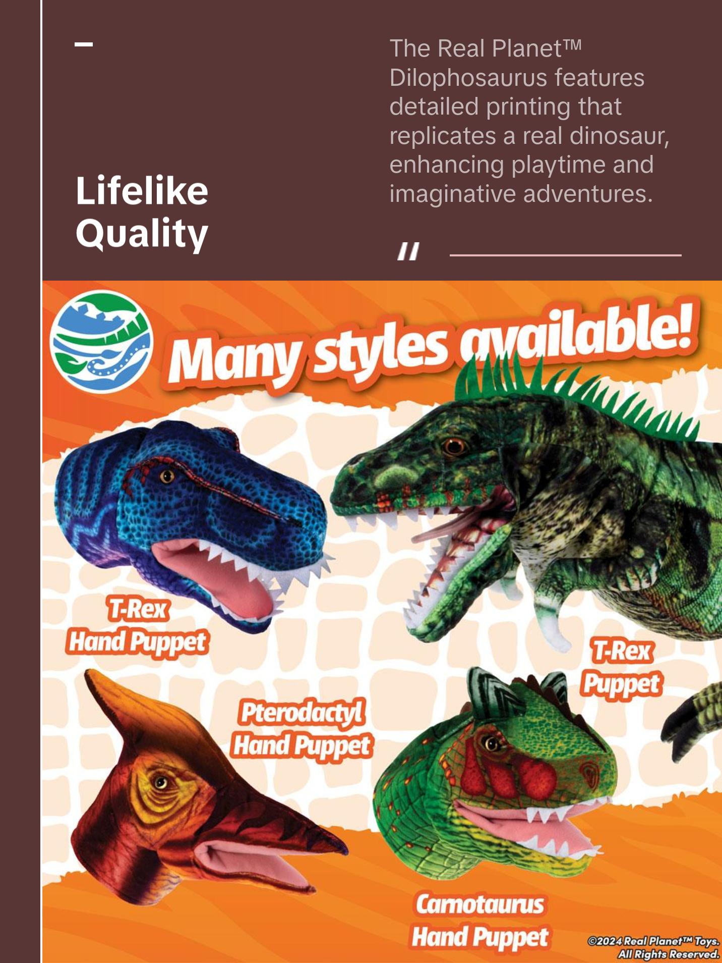 Real Planet™ Green Dilophosaurus Hand Puppet Green Realistic Plush Stuffed Animal