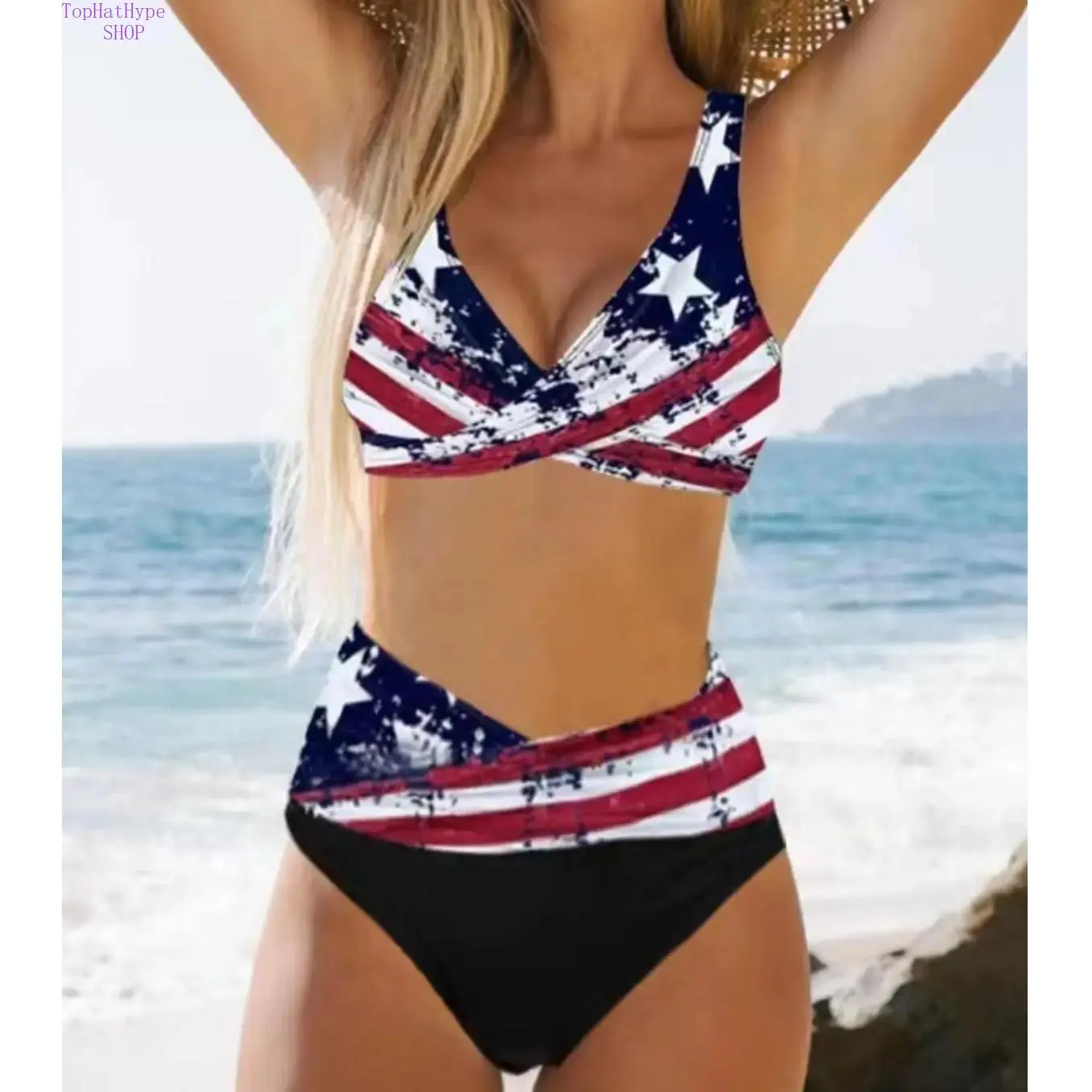 2Pcs Women's Star & Flag Print Lace Up Wrap Bikini Set, Deep V Neck High Waisted Two Piece Swimwear, Lightweight Stretch Bathing Suits for Summer Beach, Pool Party and Holiday Vacation