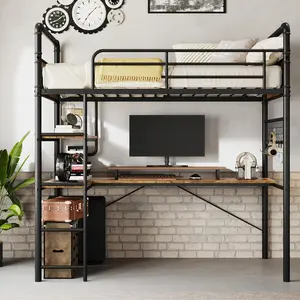 Loft Bunk Bed with L-Shaped Desk, Twin Loft Bed with Desk Underneath, Metal Bunk Beds with High Guardrail and Ladder for Kids/Teens, Vintage Brown
