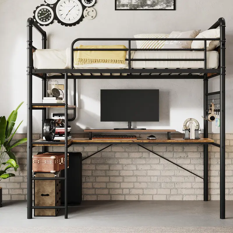 Loft Bunk Bed with L-Shaped Desk, Twin Loft Bed with Desk Underneath, Metal Bunk Beds with High Guardrail and Ladder for Kids/Teens, Vintage Brown