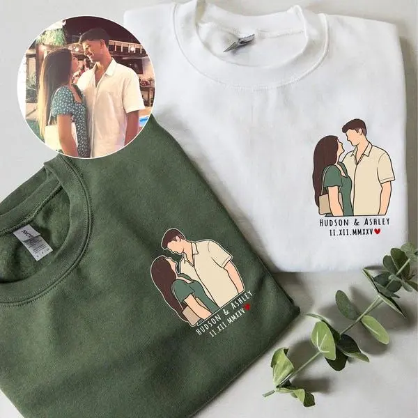 Custom Couple Portrait T-Shirt Personalized Cartoon Couple Tee Custom Photo Anniversary Gift Boyfriend Girlfriend Matching T Shirt Wedding Engagement Valentine's Day Unisex Graphic Shirt Custom Names Date