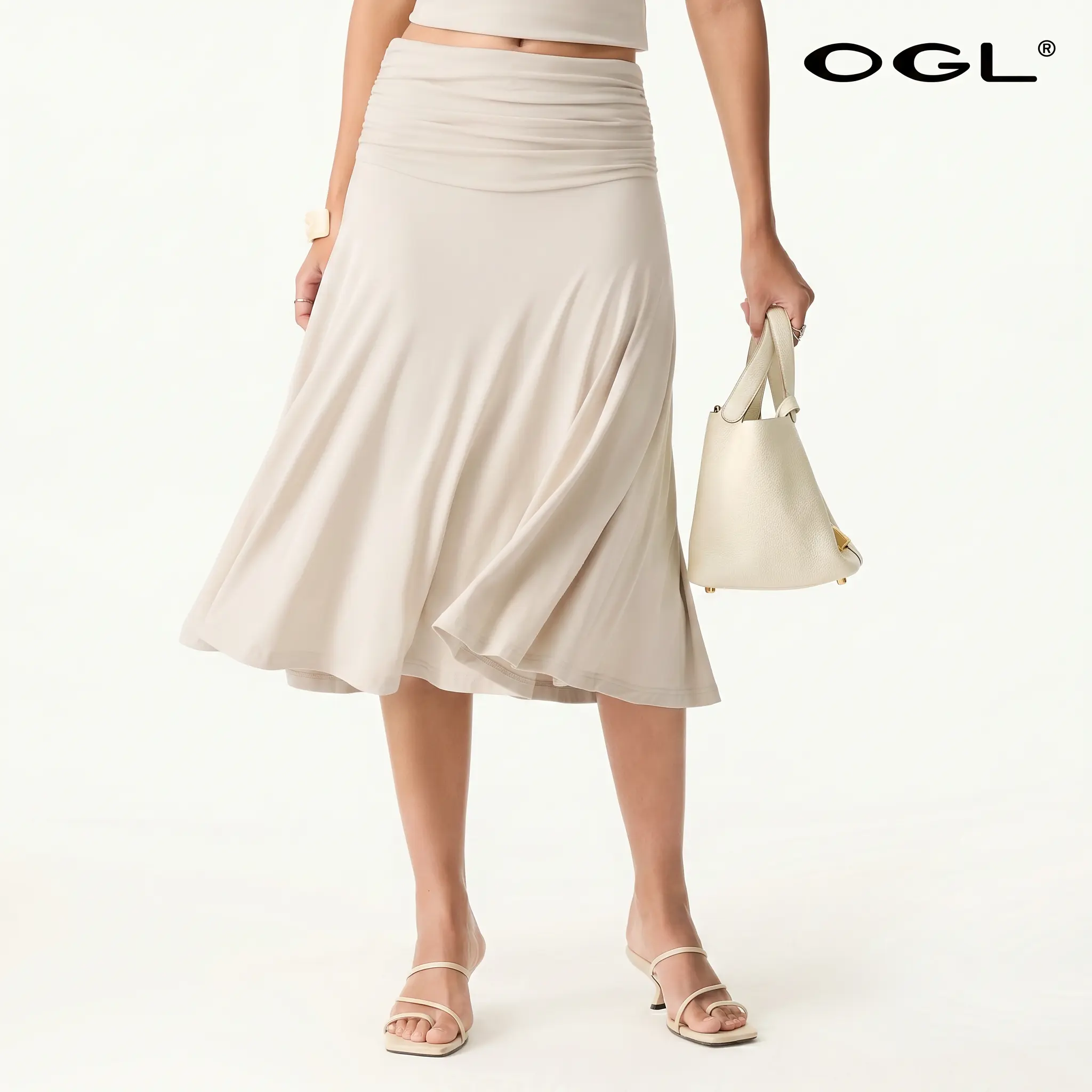 OGL Flowy Side Ruched A-line Midi Skirt - High Stretch, Pear Shaped & Hourglass Friendly Women's Skirt thunder thigh skirt