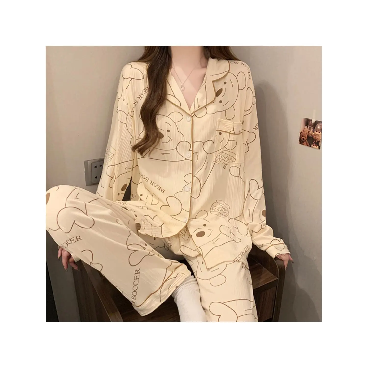 Dreamy Full-Print Bow Pajamas - Sweet Long-Sleeve Homewear for Spring & Autumn
