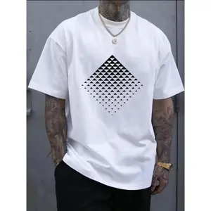 Men's 100% Cotton Geometric Print T-Shirt - Stylish Round Neck, Short Sleeve, Casual Comfort for Casual Attire, White Graphic Tee for Men
