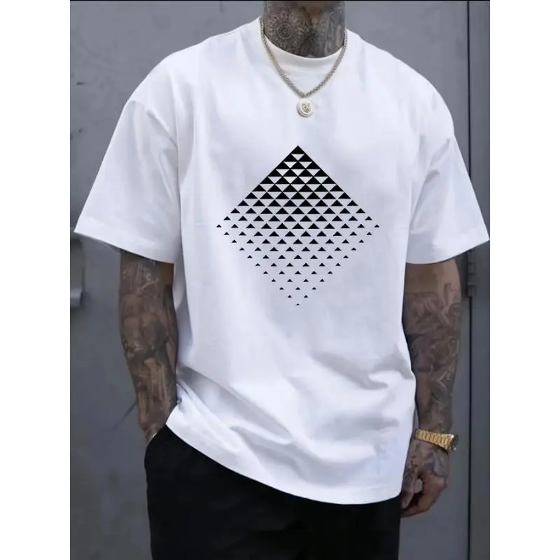 Men's 100% Cotton Geometric Print T-Shirt - Stylish Round Neck, Short Sleeve, Casual Comfort for Casual Attire, White Graphic Tee for Men