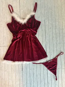 Scarlet Red Velvet Underwire Babydoll Dress 2pcs Lingerie Set l Present l CUSTOM l Women, Holiday, Anniversary, Special, Valentines Day Gift