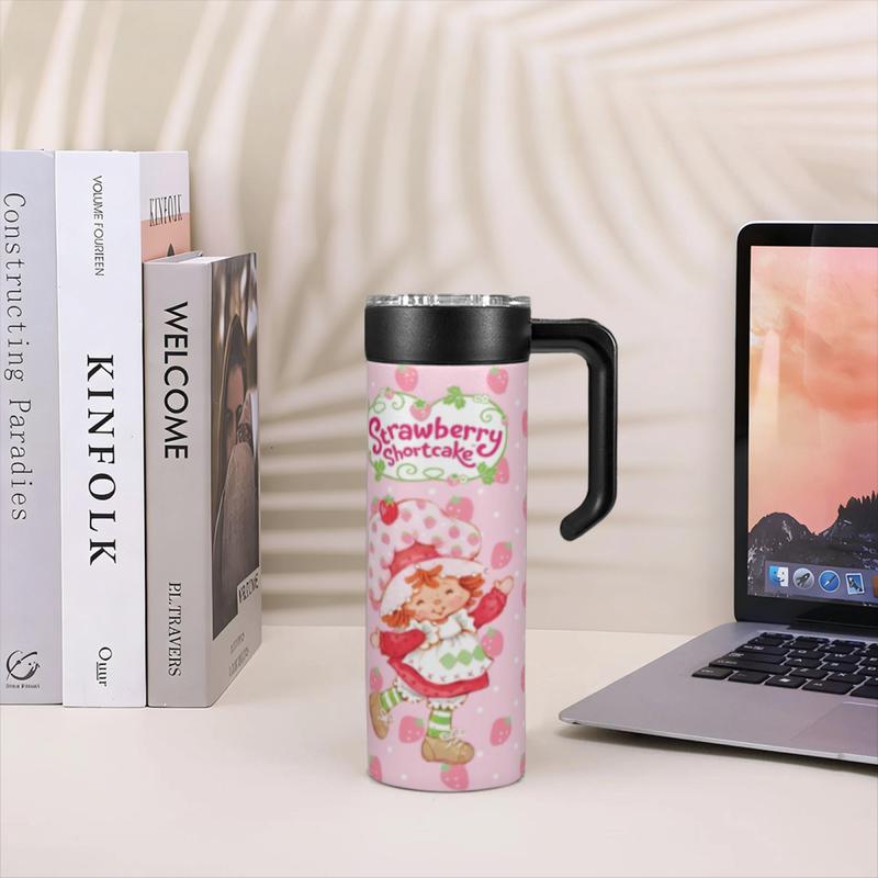 New 20oz Strawberry Shortcake Themed Insulated Stainless Steel Mug with Handle, Leak-Proof Portable Multi-Style Cup, Perfect for Coffee/Smoothies & Commute/Office/Picnic, Ideal Gift for Dessert Lovers