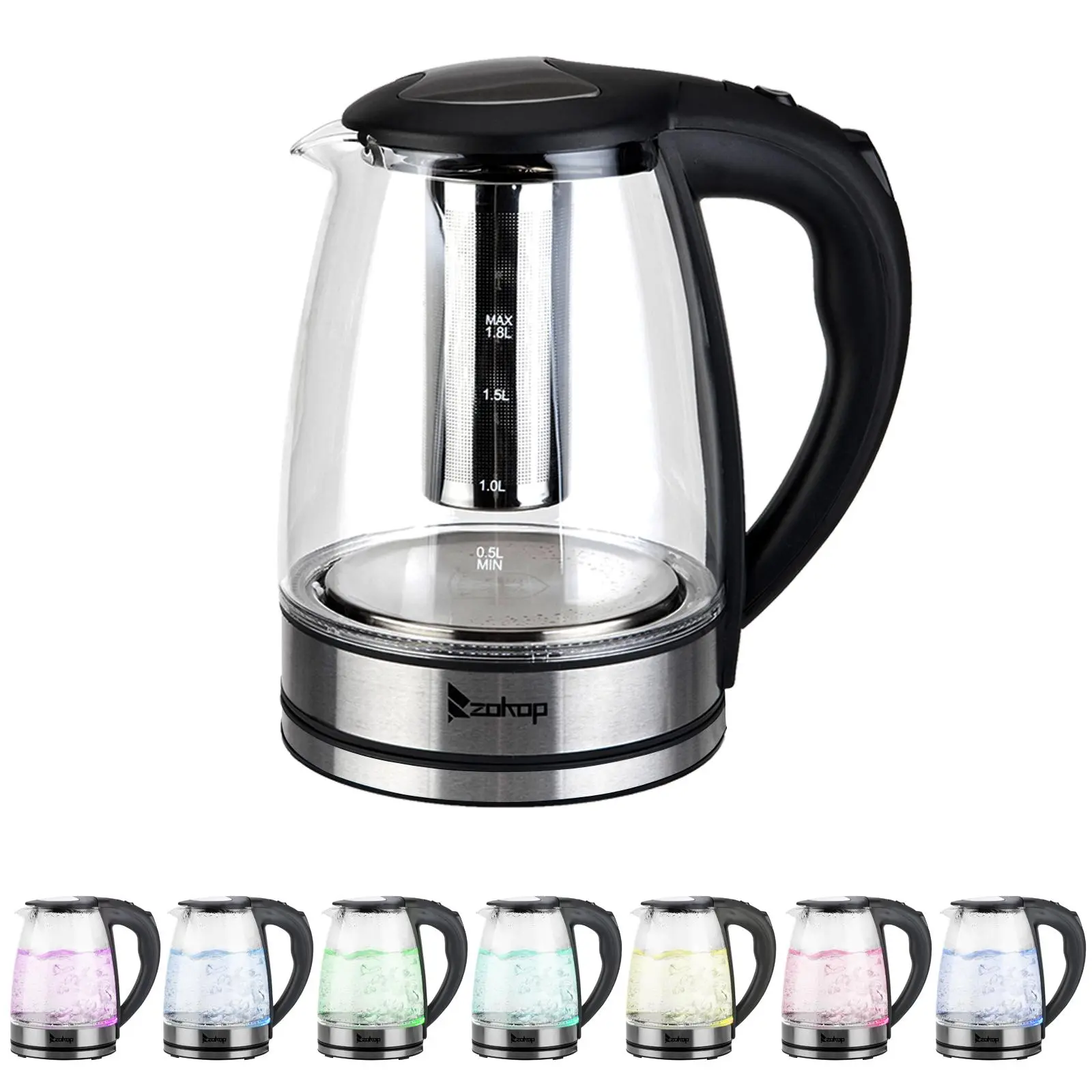ZOKOP 110V 1800W 1.8L Corded Electric Glass Water Kettle - 50-60Hz US Plug, Colorful LEDs, 5-Min Auto Shut-Off, Boil-Dry Safe, Overheat Guard, 3.31lbs BPA-Free Kitchen Supply for Coffee, Tea, Kitchen Supplies
