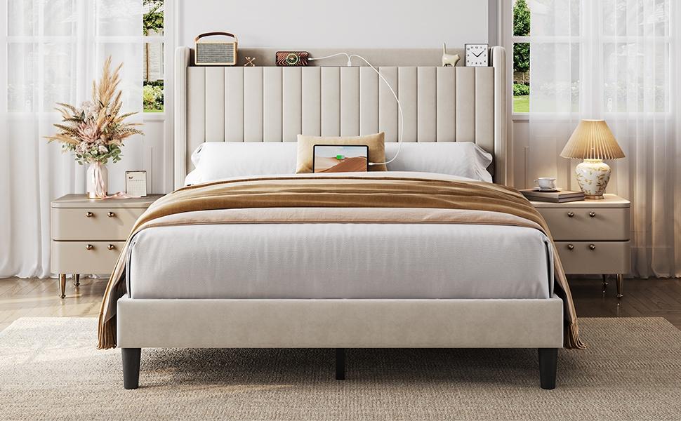 【USB Ports】Yaheetech Upholstered Bed Frame Queen Size Velvet Bed Frame with Charging Ports, Storage Shelf, 800 lb Maximum Weight Capacity, No Box Spring Needed 【USB Ports】Yaheetech Upholstered Bed Frame Queen Size Velvet Bed Frame with Charging Ports, Storage Shelf, 800 lb Maximum Weight Capacity, No Box Spring Needed