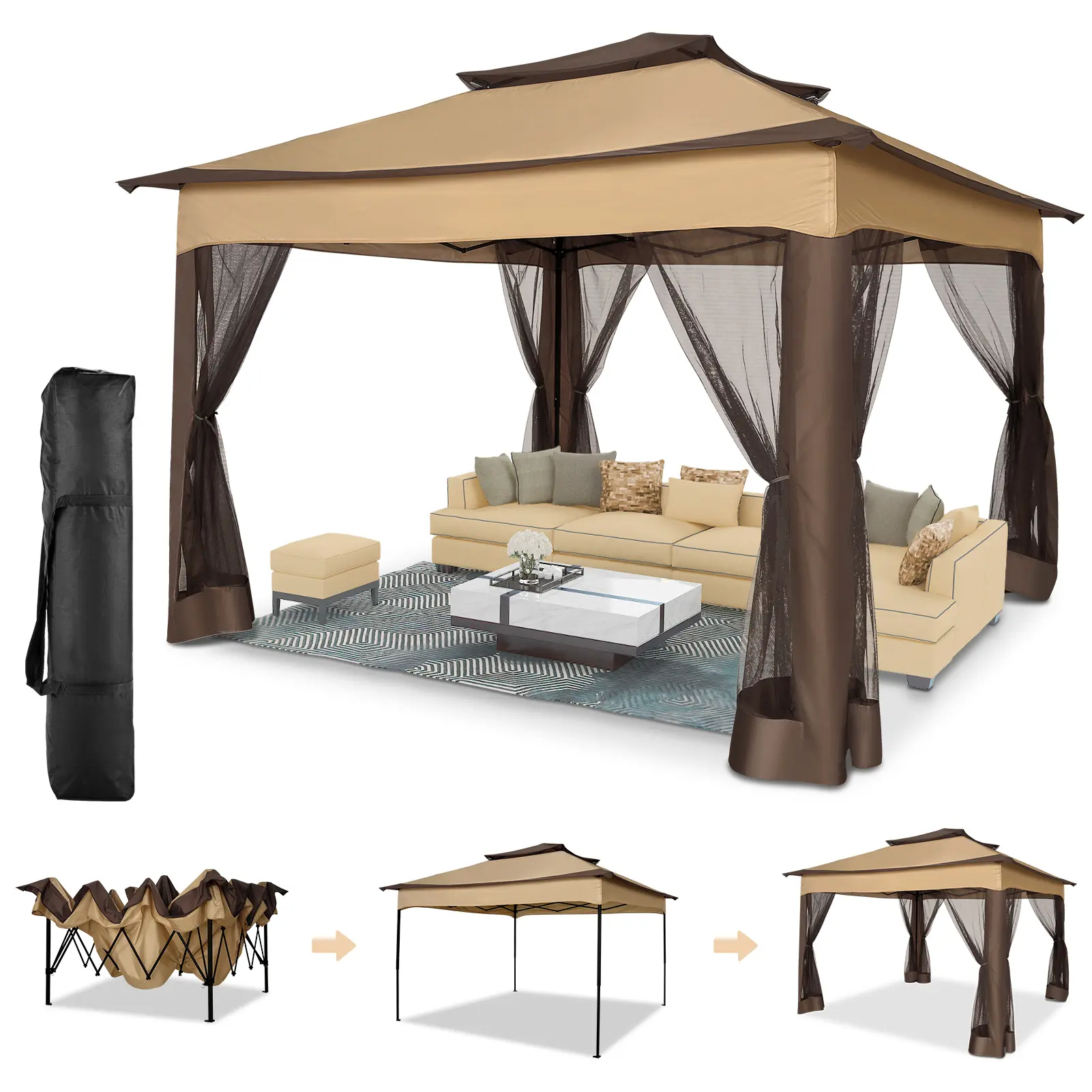 COBIZI 12'x12' Pop-Up Gazebo with Removable Adjustable Sunshade Canopy, Oxford Fabric, Mosquito Net, Portable Carry Bag, Tailgating Patio Tent for Gardens, Backyards, Removable Canopy