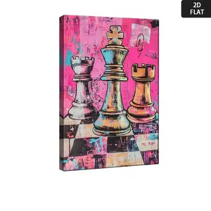 2D Flat, Modern Graffiti Chess Art Wall Decor - Vibrant Pink & Black Abstract Chess Pieces on White Canvas with Wrap-Around Wood Frame, Contemporary Strategy Game Room Decor for Living Room, Bedroom, Home Office - Bold Statement Piece for Chess	