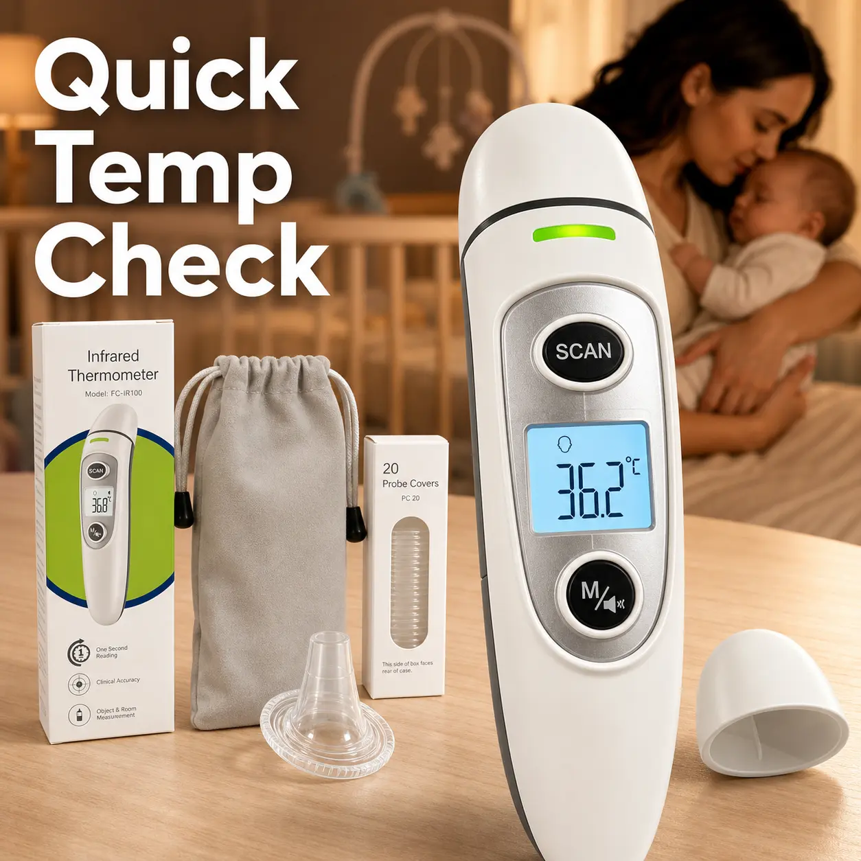 No-Touch Electronic Digital Thermometer for All Ages, Accurate Temperature Monitoring Device with Fever Alarm, Silent Mode, 2-in-1 Body-Room Measurement & Quick Temp Check, 2 In 1 Forehead & Object Mode