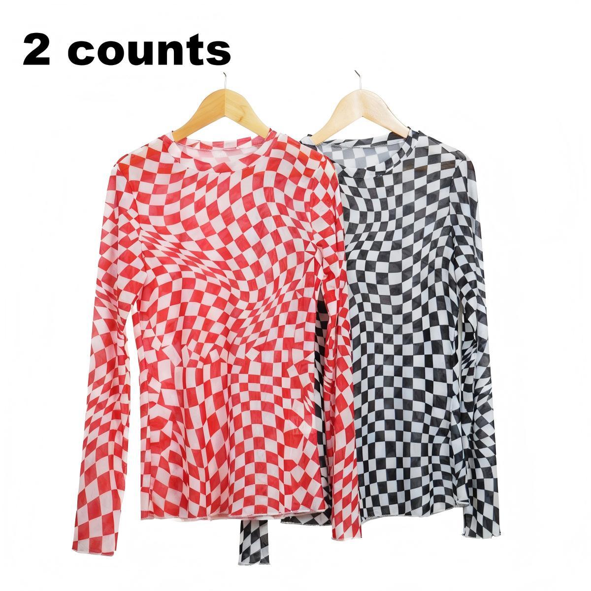 Znacicc Women's Super Chic Checkered Mesh Mock Neck  Winteroutfit Long Sleeve Top - Chic Shirt for Women - Womenswear