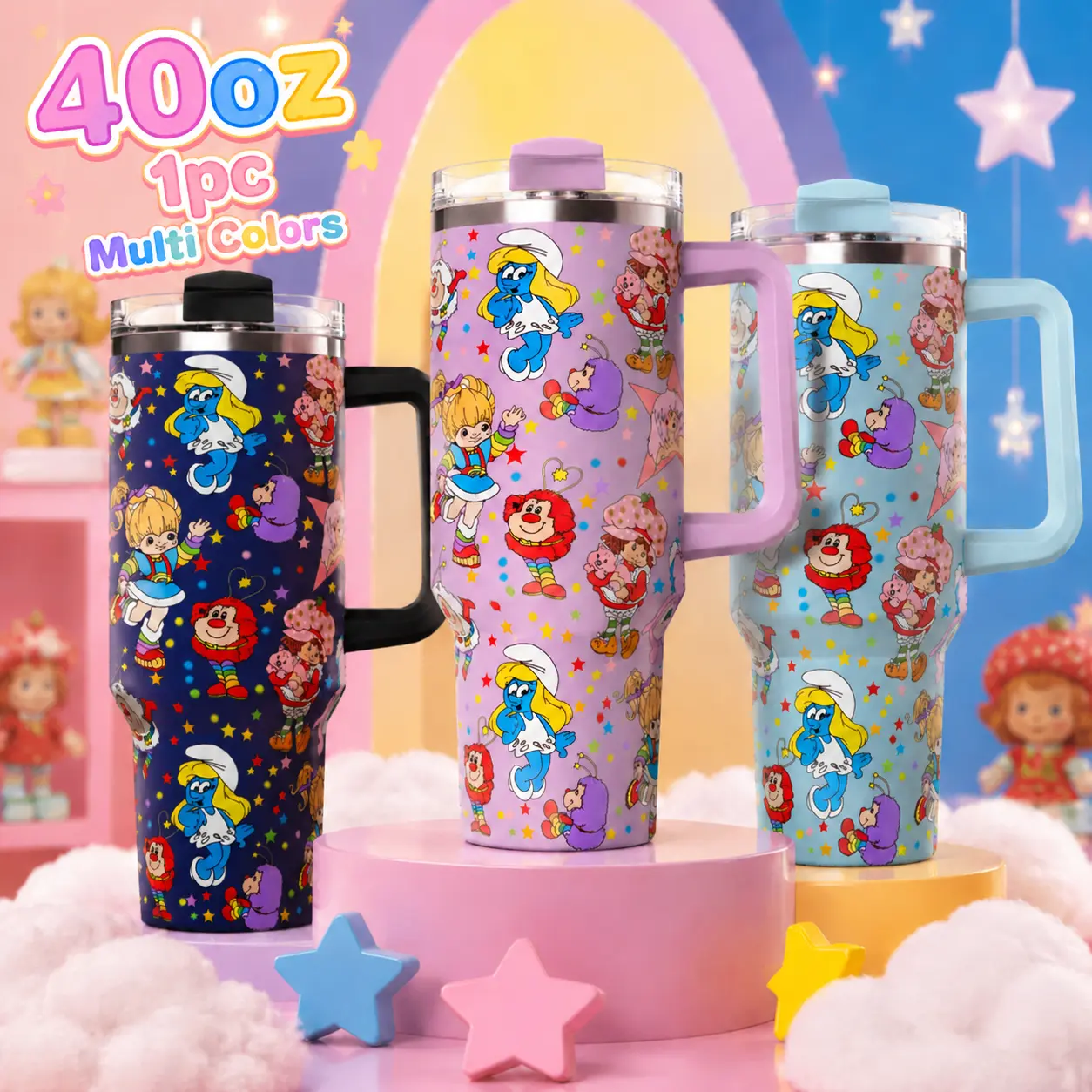 1pc 40oz Stainless Steel Insulated Travel Flask - Vintage 80s-90s Cartoon Collage Tumbler with Colorful Handle, Straw, Retro Rainbow Brite, Smurfette, Strawberry Shortcake Prints - Reusable Drinkware, Nostalgic Gift for Fans, Flasks