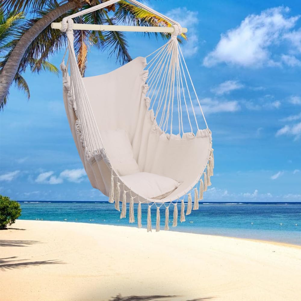 ONCLOUD Hammock Chair Hanging Rope Swing, Load Capacity Up to 550 LBS Macrame Hammock Swing Seat with Two Cushions, Hammock Seats with Portable Steel Spreader Bar for Indoor/Outdoor