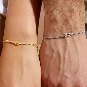 Matching Bracelets for Couples，Dainty Love Knot Bracelet Gold Plated Herringbone Chain Bracelet Relationship Jewelry Gifts for Best Friend