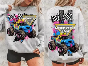 Youth and Adult 2-Sided Monster Truck Racing Sweatshirt, Monster Jam shirt, Checkered Flag Monster Truck Pullover, Monster Truck Fan Gift, Racing Fan Gift, Funny Shirt, Youth clothing, gift for son and daughter, summer outfit, holiday outfit