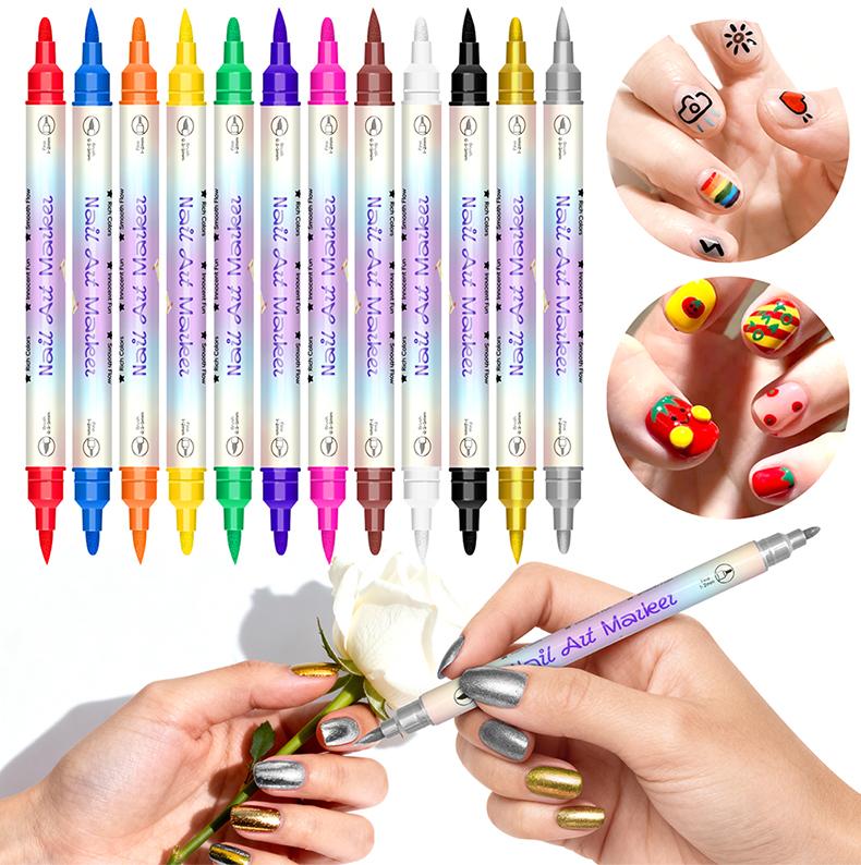Double-Ended Nail Art Pens Set, Nail Polish Pens for Nail Art, Dual Tip, Nail Dotting Tool, Drawing Pen for Nail Design, Manicure Nail Pens for Salon and DIY at Home