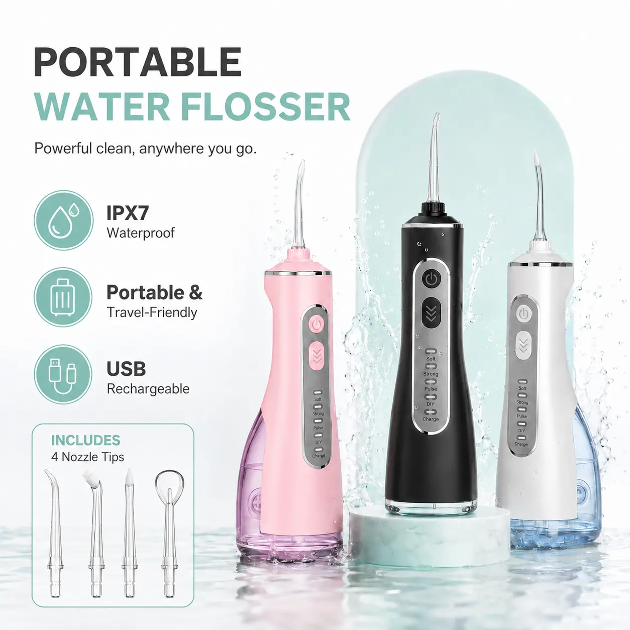 300ML Portable Rechargeable Cordless Water Flosser - IPX7 Waterproof Oral Irrigator with 4 Cleaning Modes, 4 Jet Tips, Adjustable Setting for Orthodontic Braces Care, Gum Health (Black/White/Pink), Yes