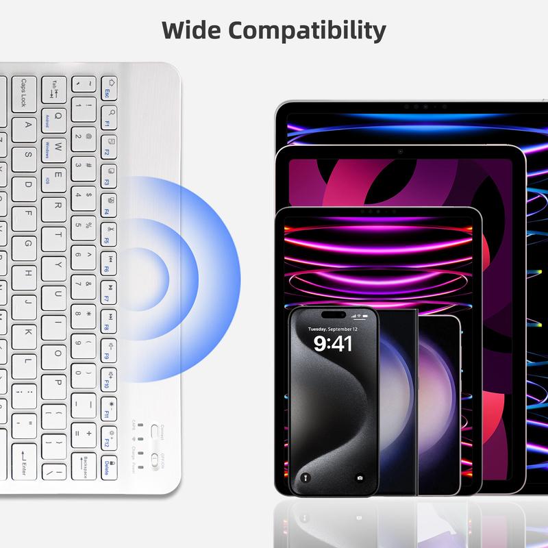 10 inch Wireless Keyboard Devices with Bluetooth, Slim Wireless Portable Travel Office Computer Accessories, for ipad, Android,Tablets, etc Rechargeable